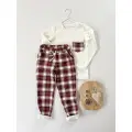 KOMPLET BLUZKA Z KIESZONKĄ + JOGGERY W KRATĘ BURGUND Z KIESZONKAMI