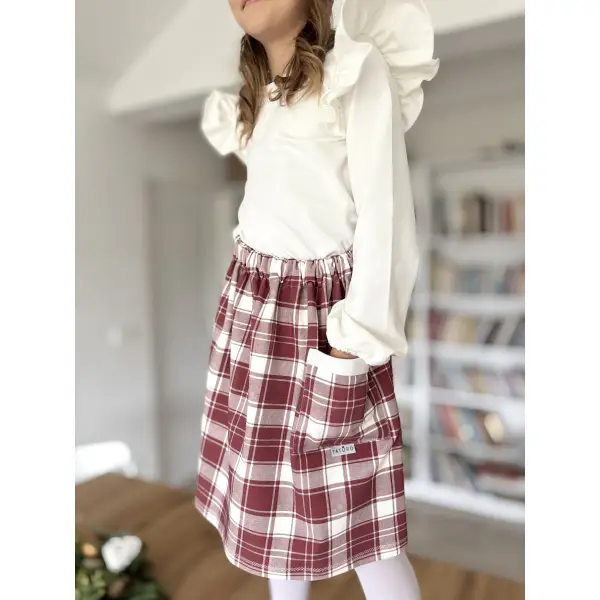 KOMPLET BLUZKA MOTYL LUSIA+SPÓDNICZKA DORKA W KRATĘ BURGUND