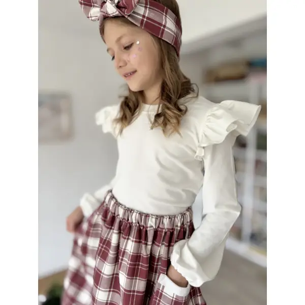 KOMPLET BLUZKA MOTYL LUSIA+SPÓDNICZKA DORKA W KRATĘ BURGUND