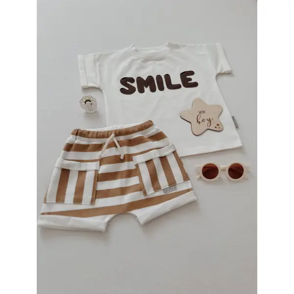 KOMPLET T-SHIRT ,,SMILE’’ECRU + SZORTY STRIPS LATTE