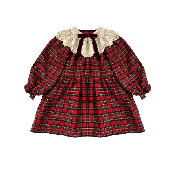 SUKIENKA ŚWIĄTECZNA Z KOŁNIERZYKIEM  W KRATKĘ CZERWONA